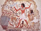 British Museum Top 20 07 Fowling in the Marshes 7. Fowling in the marshes - Thebes Egypt, around 1350 BC, 98cm x 83cm. Nebamun stands on a small papyrus boat with his wife Hatshepsut behind him and his son below. He is about to let fly a throwstick into a mass of birds above a papyrus thicket. The hieroglyphs below Nebamun's raised arm describe him as taking recreation and seeing what is good in the place of eternity (i.e. the afterlife). In front of him is his hunting cat, which has seized three birds, one with its hind claws, one with its fore claws, and one by the wings with its mouth. Numerous butterflies are represented, and the lake is well stocked with fish.